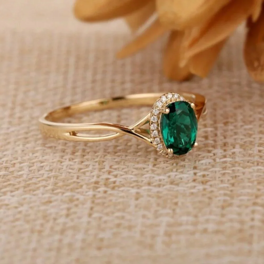 18K Gold Filled Emerald Green Oval Halo Twist Ring Size 7